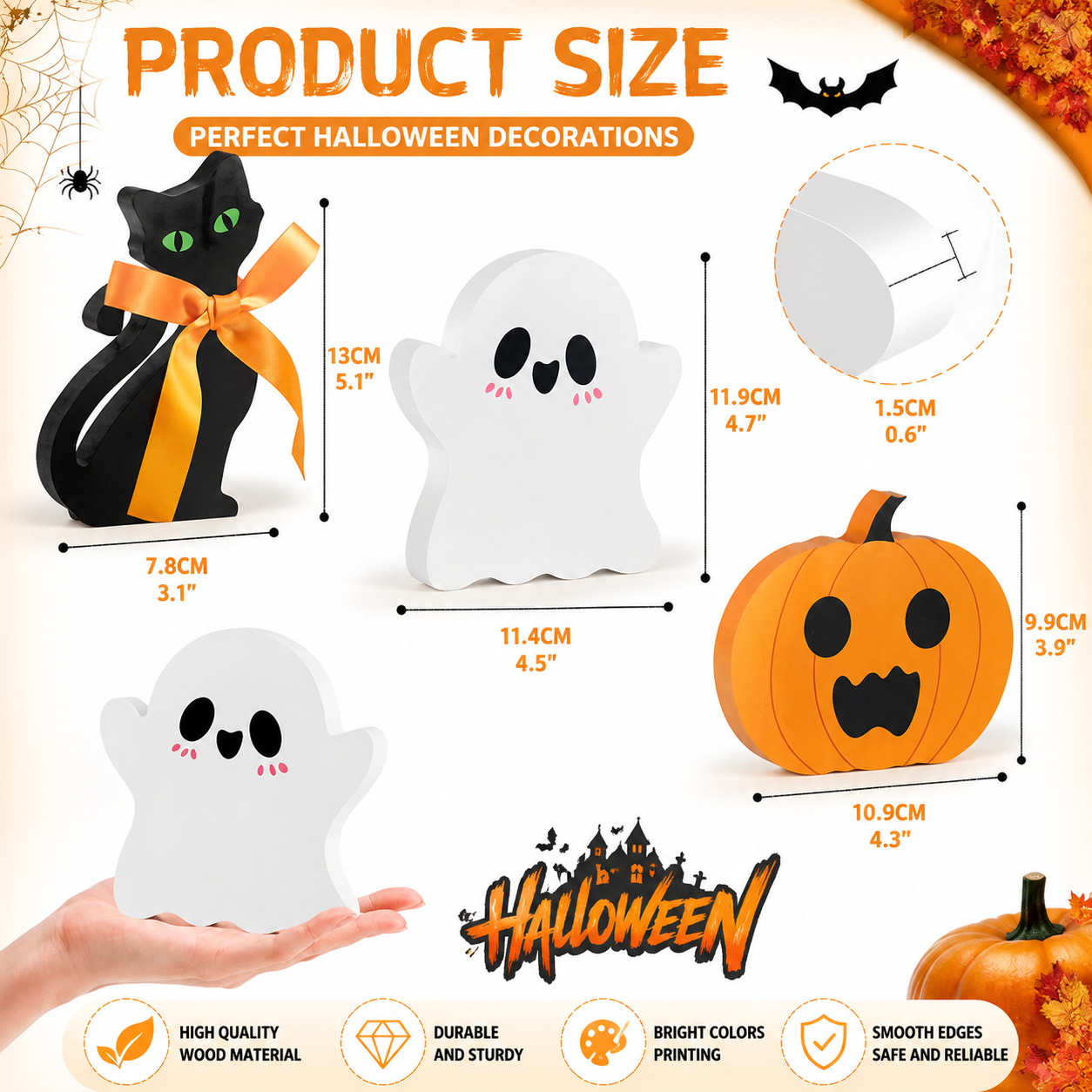 【Buy 1 Get 2nd 35% OFF】🎃Cute Halloween Wooden Decorations Set – Ghost, Black Cat & Pumpkin Fall Home Decor