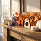 Halloween Wooden "BOO" Tabletop Decoration with Ghost and Bat Motifs