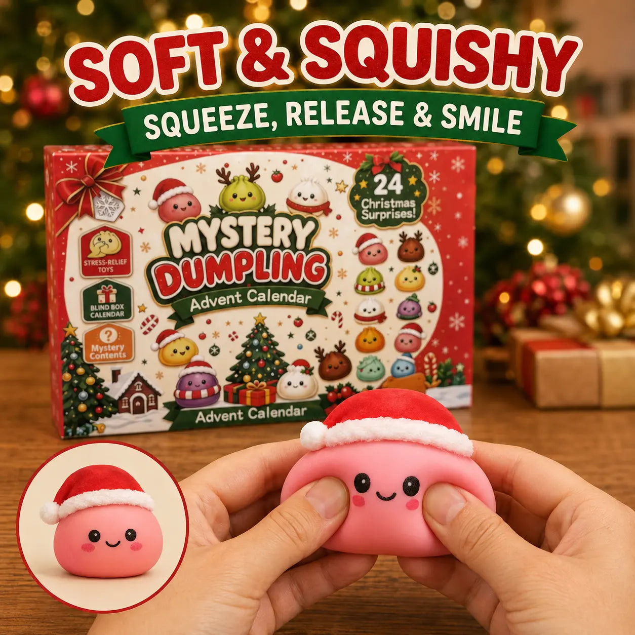 2026 Christmas Advent Calendar with 24 Mini Dumpling Squishies, Glitter Squeeze Toy Countdown Calendar, Holiday Gift for Kids