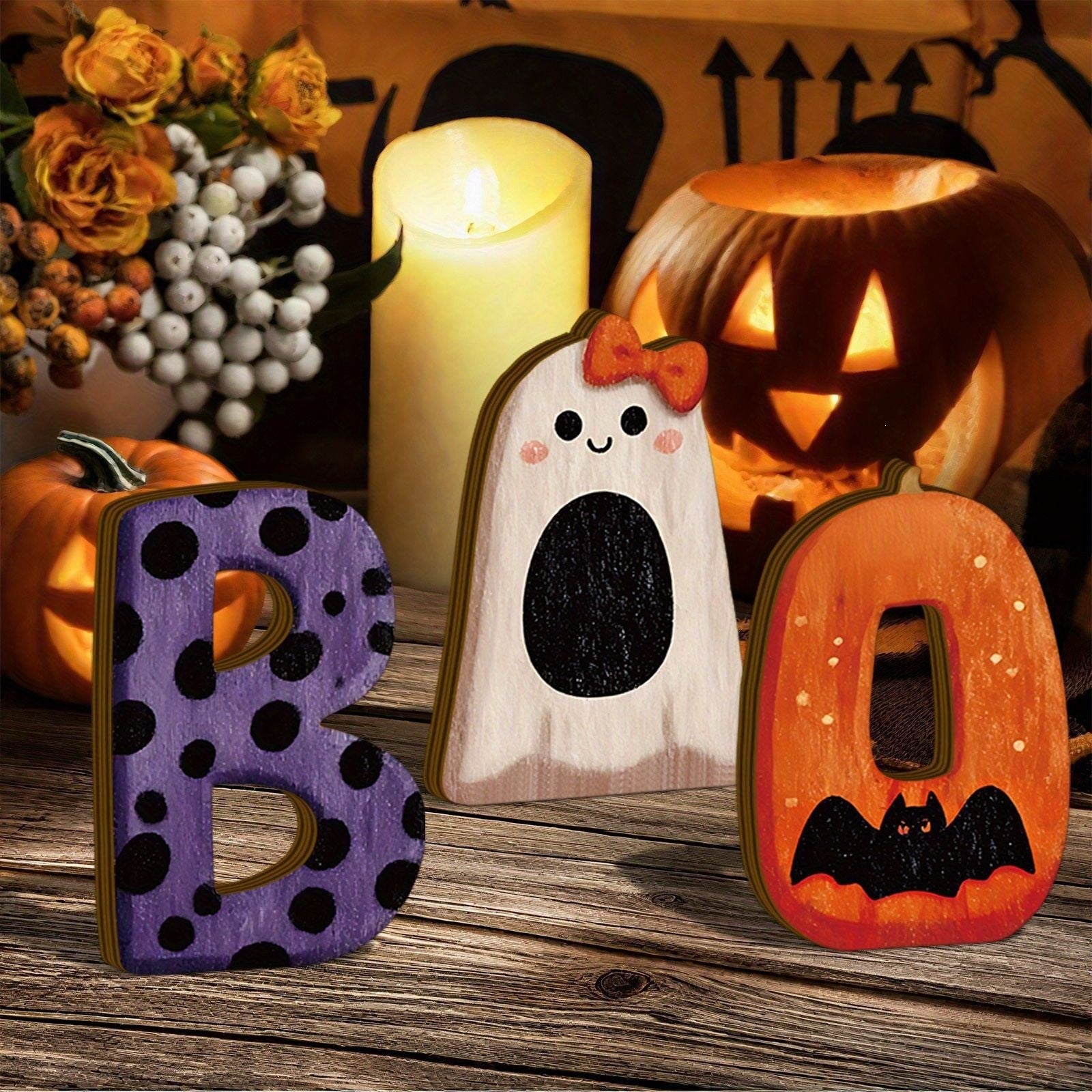 Halloween Wooden "BOO" Tabletop Decoration with Ghost and Bat Motifs