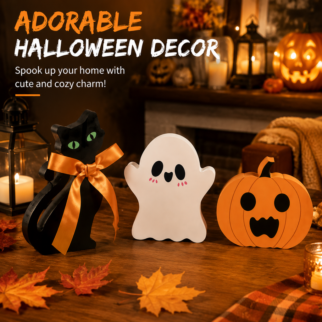 【Buy 1 Get 2nd 35% OFF】🎃Cute Halloween Wooden Decorations Set – Ghost, Black Cat & Pumpkin Fall Home Decor