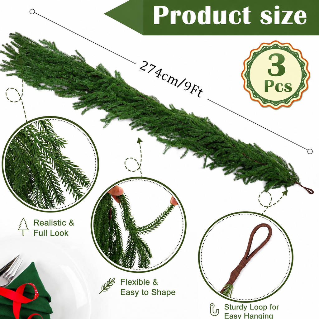 6FT Real Touch Norfolk Pine Garland 🎄 Create a Cozy Christmas Home Instantly