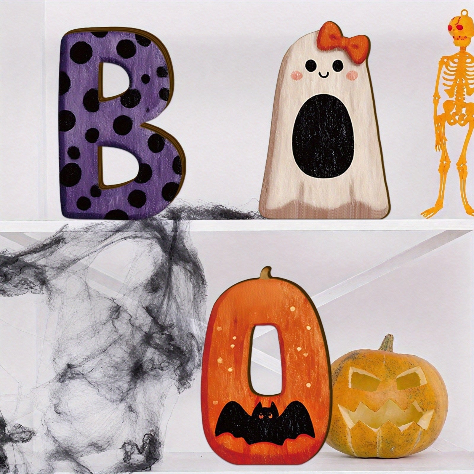Halloween Wooden "BOO" Tabletop Decoration with Ghost and Bat Motifs