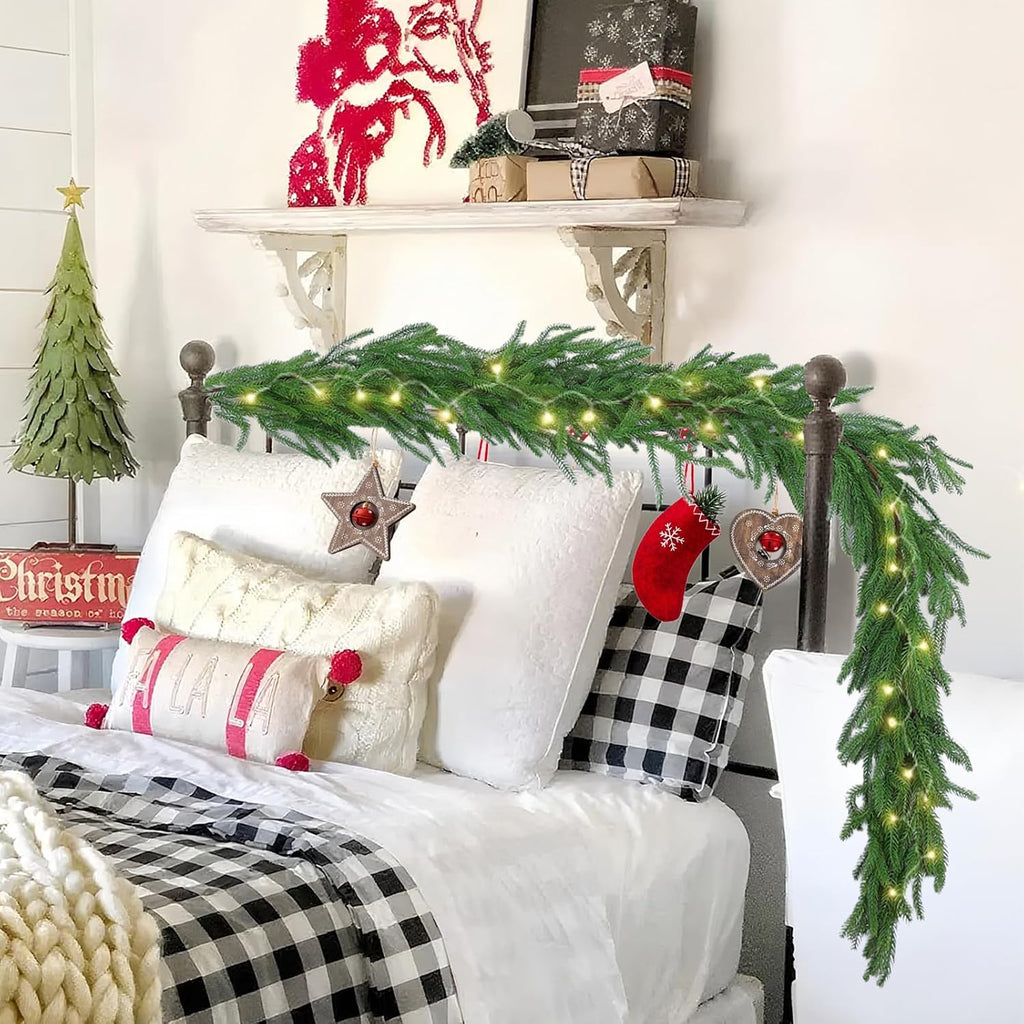 6-foot artificial Norfolk Pine garland featuring realistic-touch winter pine foliage.