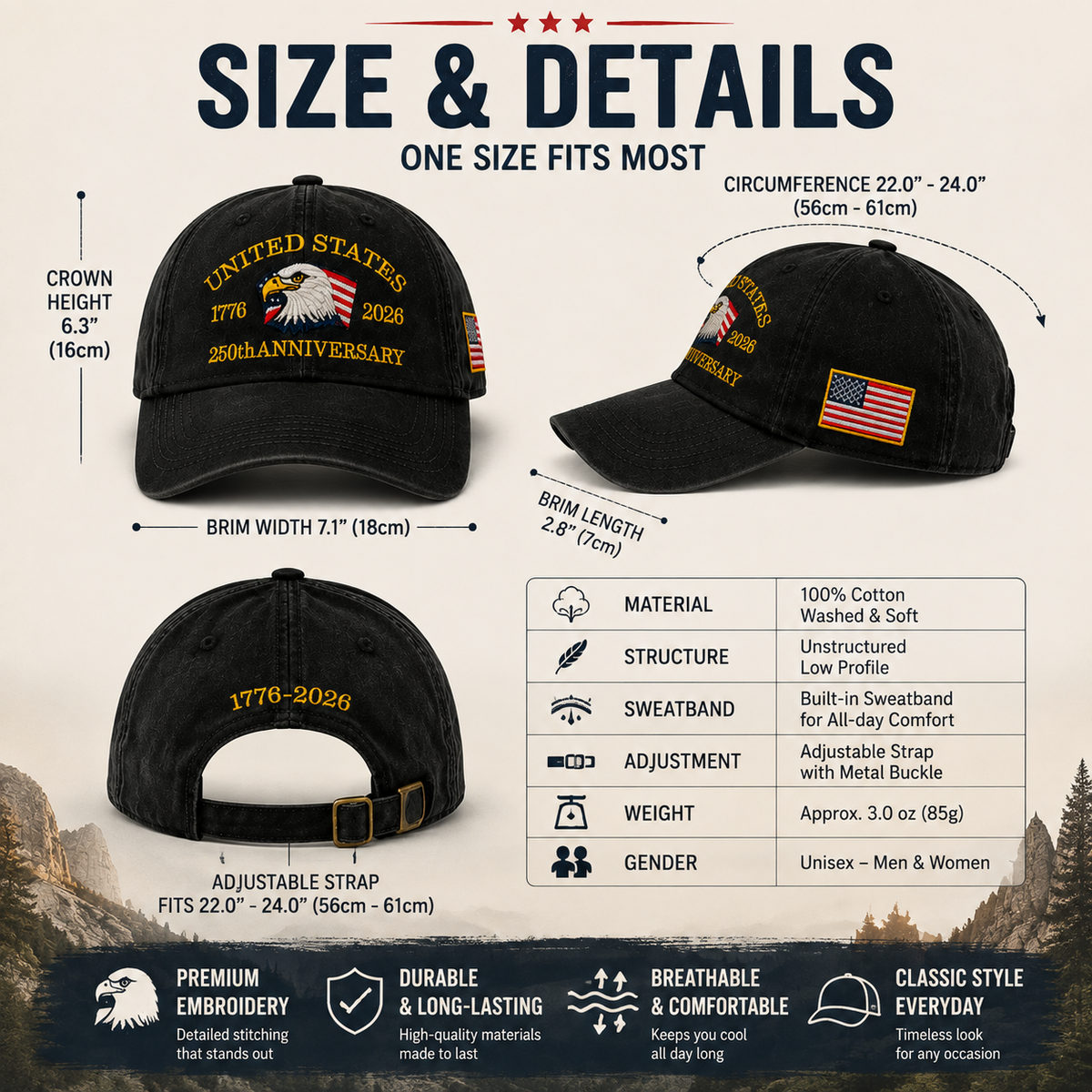 🇺🇸 250th Anniversary American Eagle Embroidered Cap | Vintage USA Patriotic Hat