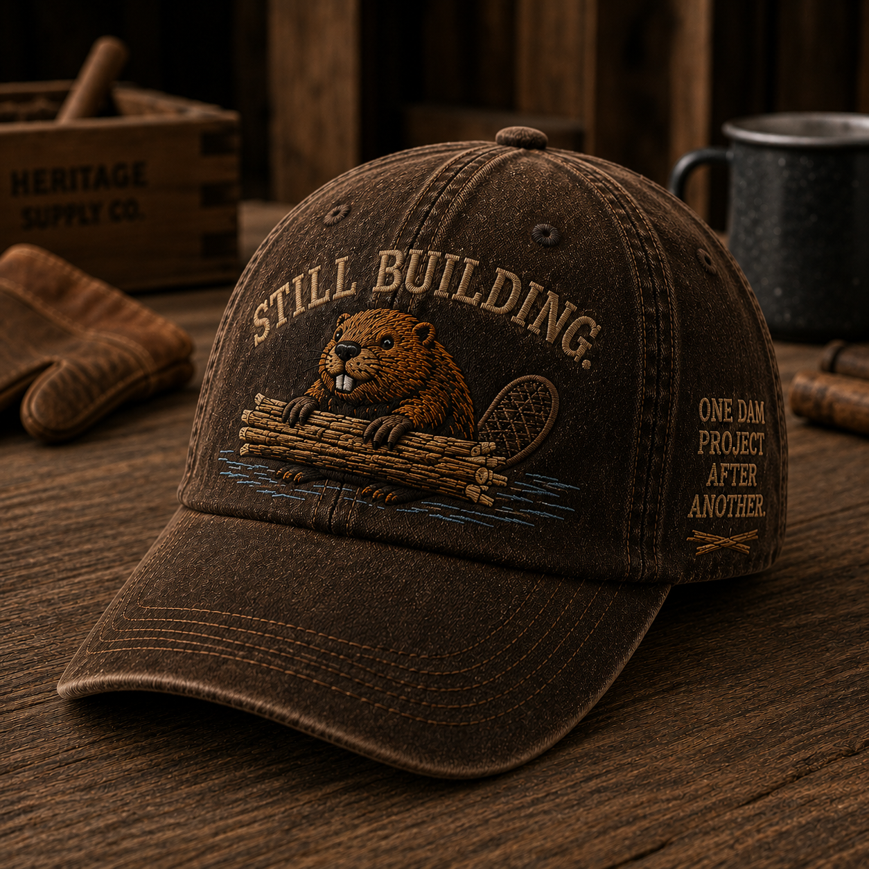 Still Building Beaver Embroidered Cap | One Dam Project After Another