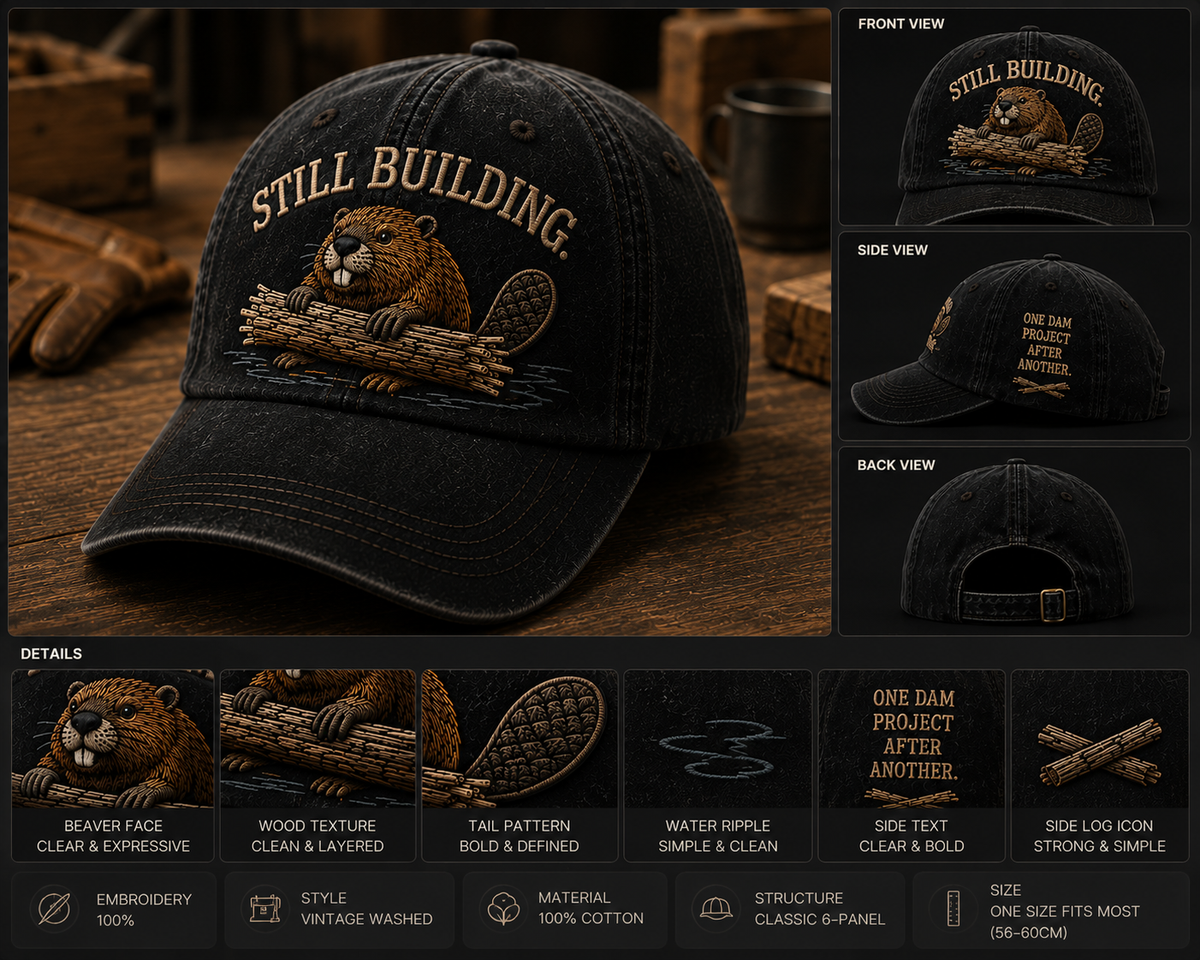 Still Building Beaver Embroidered Cap | One Dam Project After Another