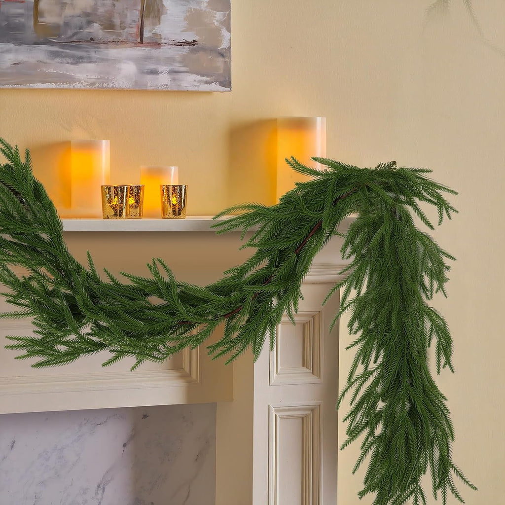 6-foot artificial Norfolk Pine garland featuring realistic-touch winter pine foliage.