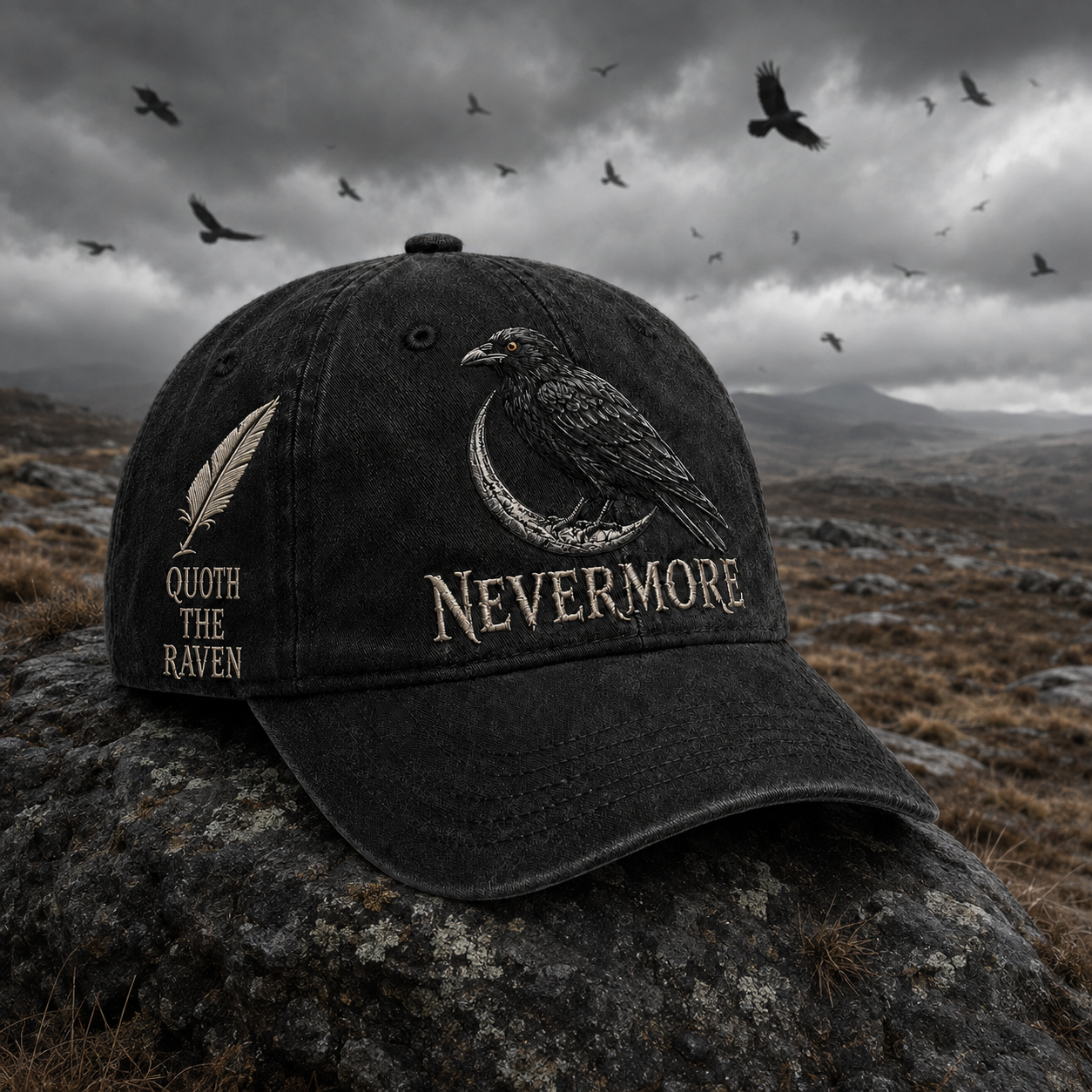 ⬛🐦Nevermore Embroidered Raven Vintage Cap | Gothic Bird Lover Hat