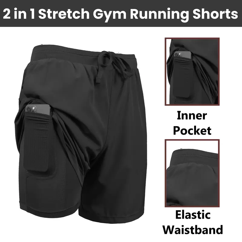 🔥Men's 2 in 1 Stretch Active Quick Dry Gym Running Shorts With Liner